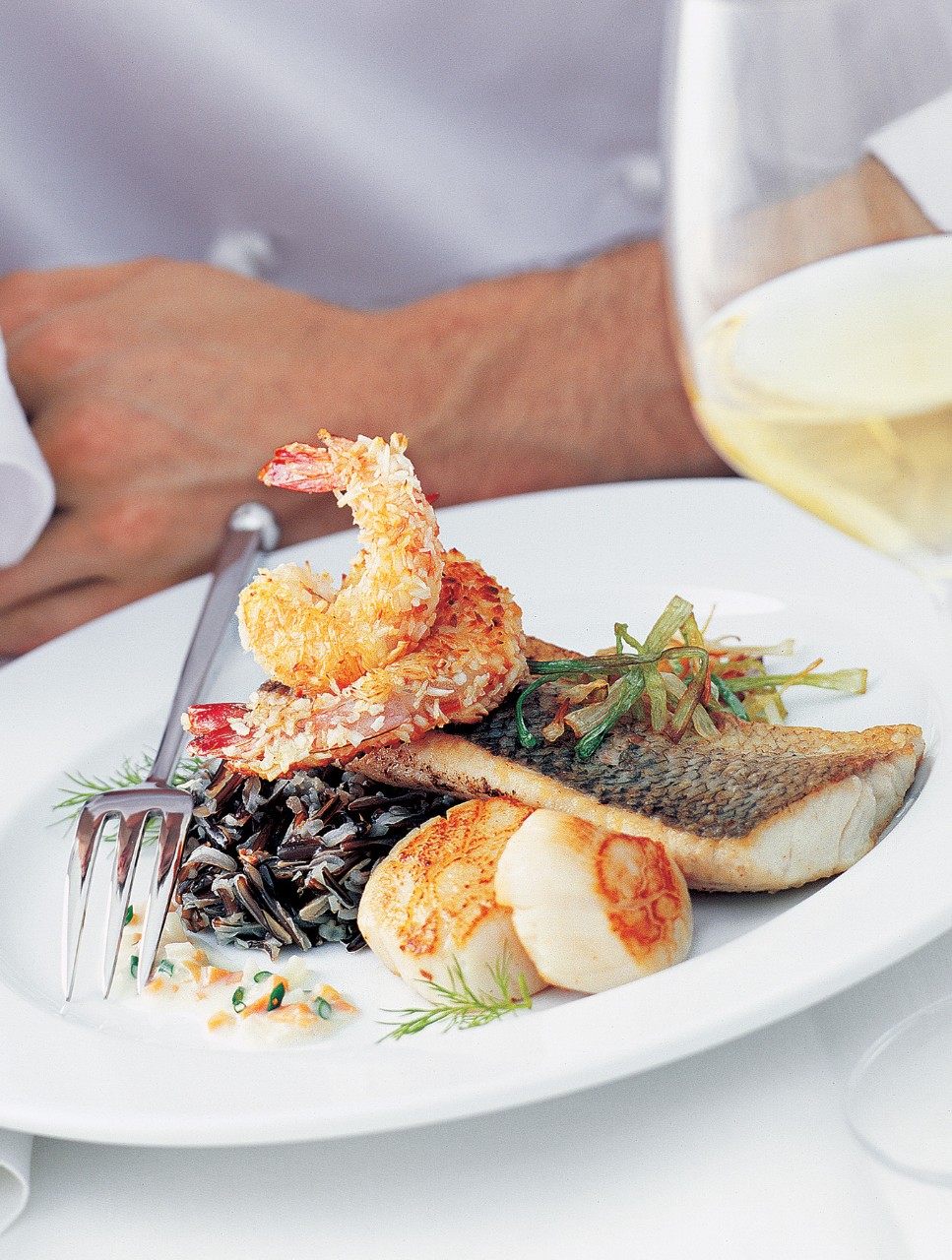 Grosvenor's Panache of Lake Huron Whitefish with Coconut-Fried Shrimp and Scallops