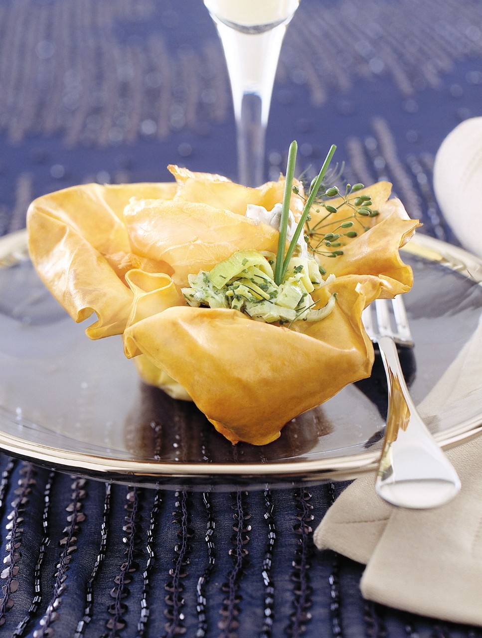 Phyllo Nests with Smoked Salmon, Leeks and Caper Sour Cream