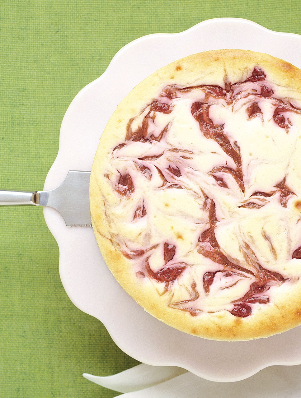 White Chocolate Cheesecake with Rhubarb Swirl