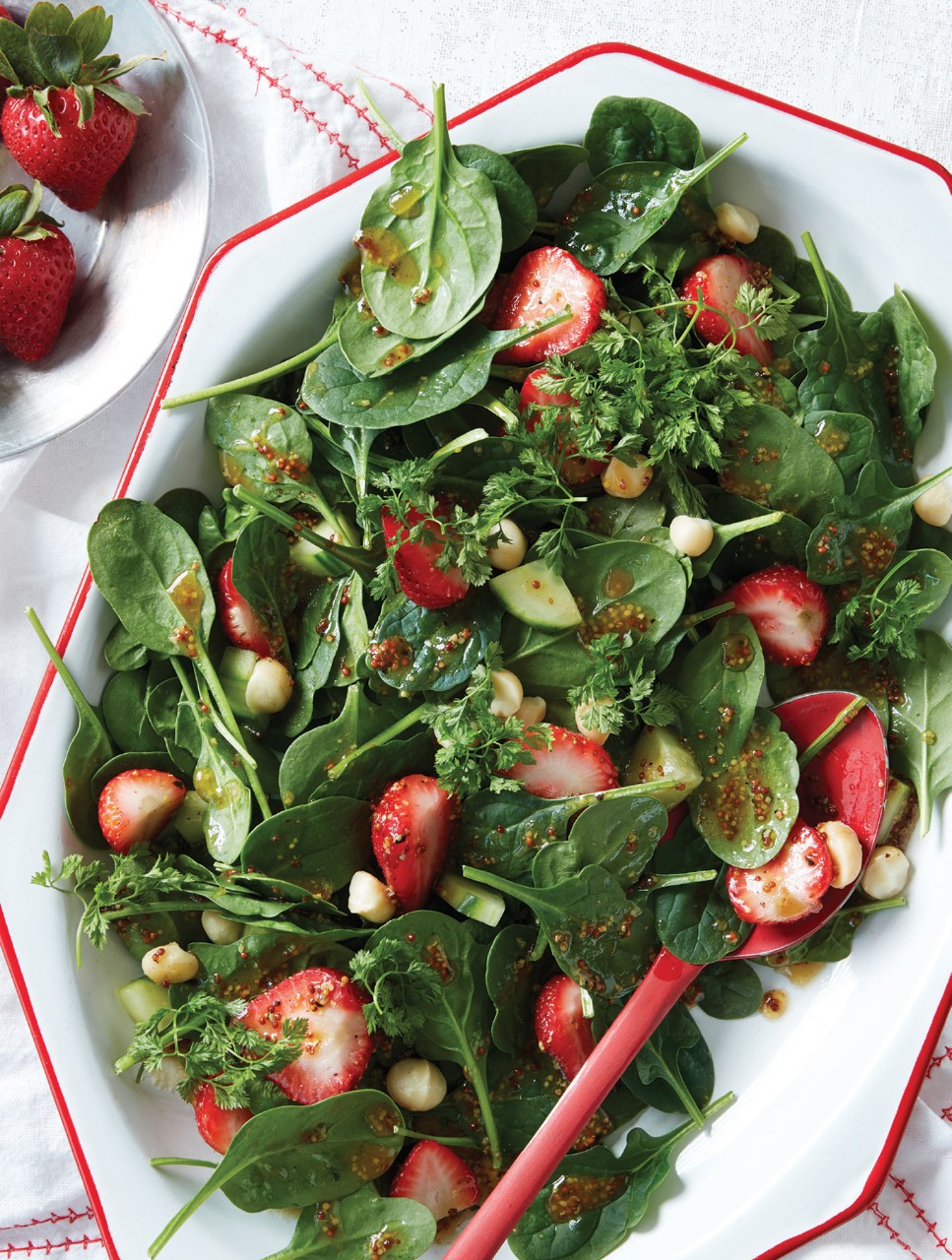 Strawberry Macadamia Nut and Spinach Salad with Honey Mustard Vinaigrette