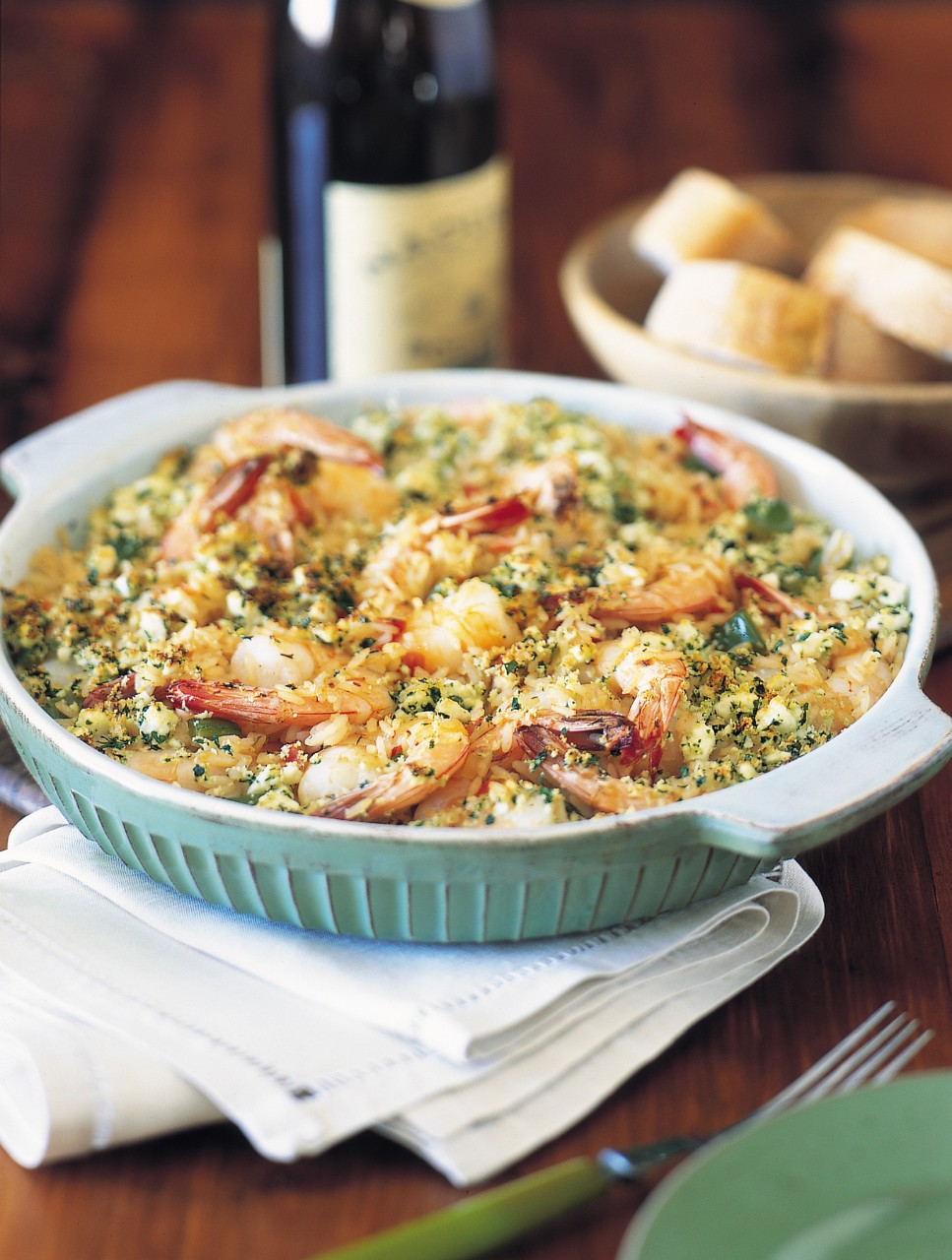 Greek Rice and Shrimp Bake with Feta Crumb Topping