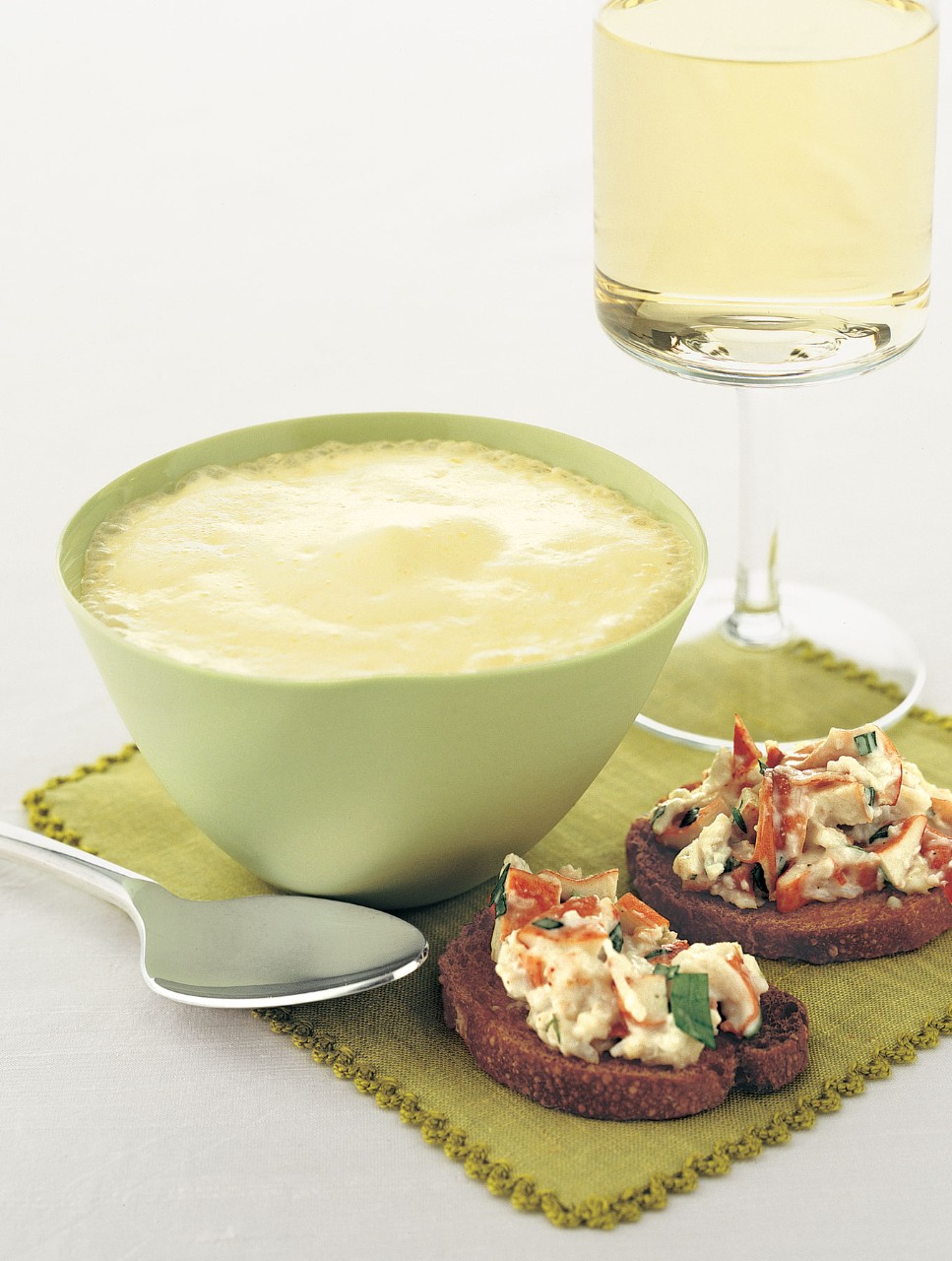 Roasted Asparagus Soup with Saffron Lobster Foam, Salad and Toasts
