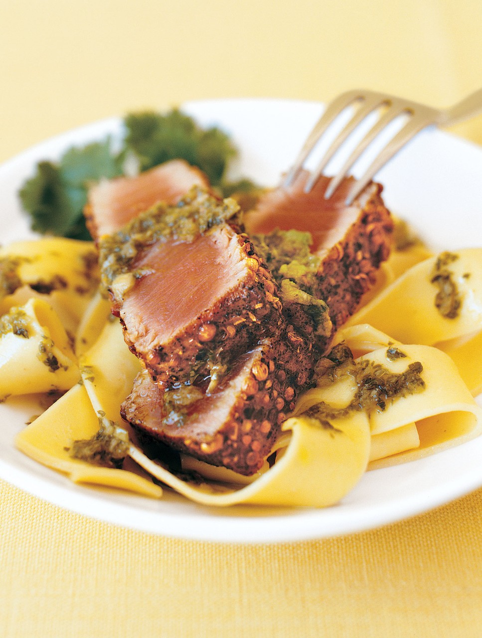 Coriander Crusted Tuna Loin with Pappardelle, Spinach and Cilantro Vinaigrette