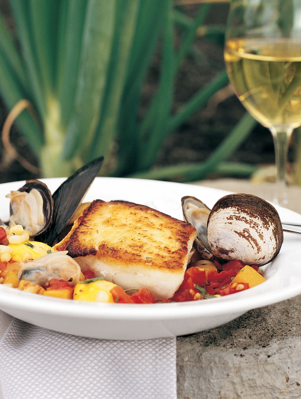 Seared Halibut with Summer Squash and Corn Cioppino