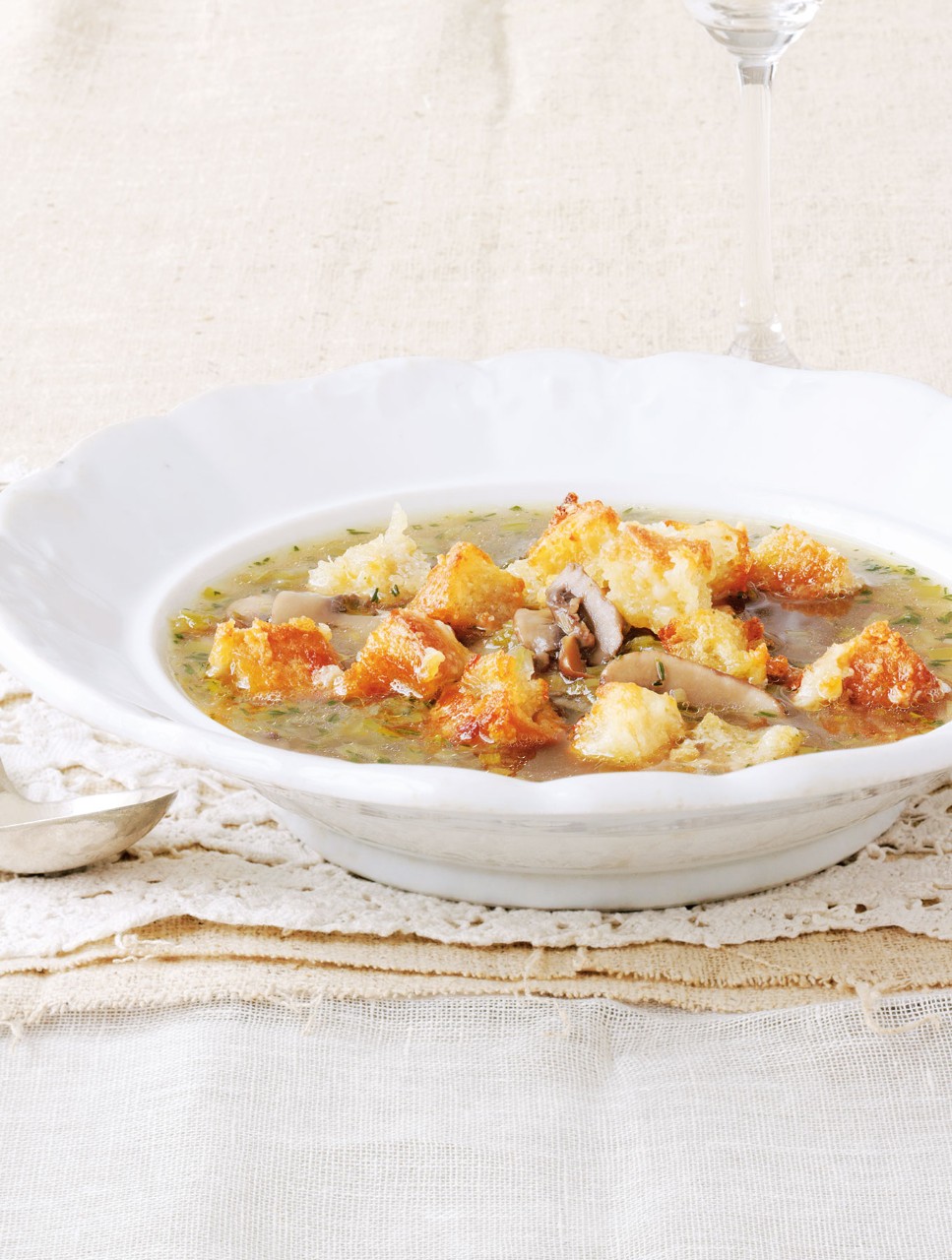 Caramelized Leek and Mushroom Soup with Crisp Cheese Croutons