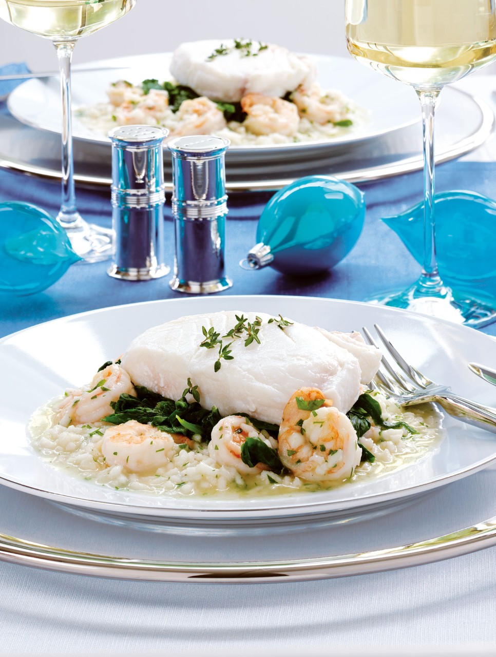 Pan-Roasted Halibut with Shrimp Risotto on a Bed of Spinach