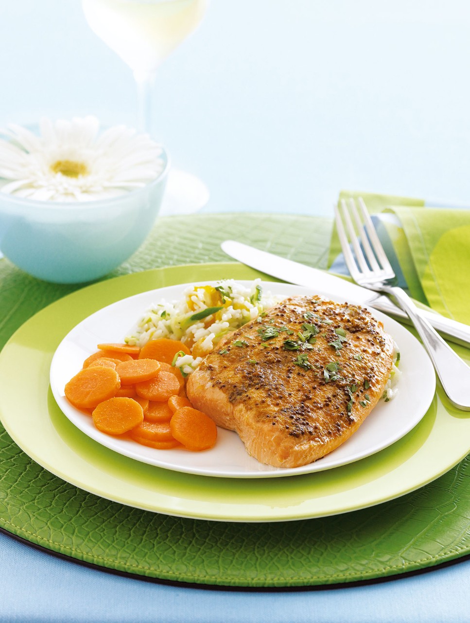 Curry Ginger Salmon with Apricot-Studded Rice and Cumin Carrot Coins