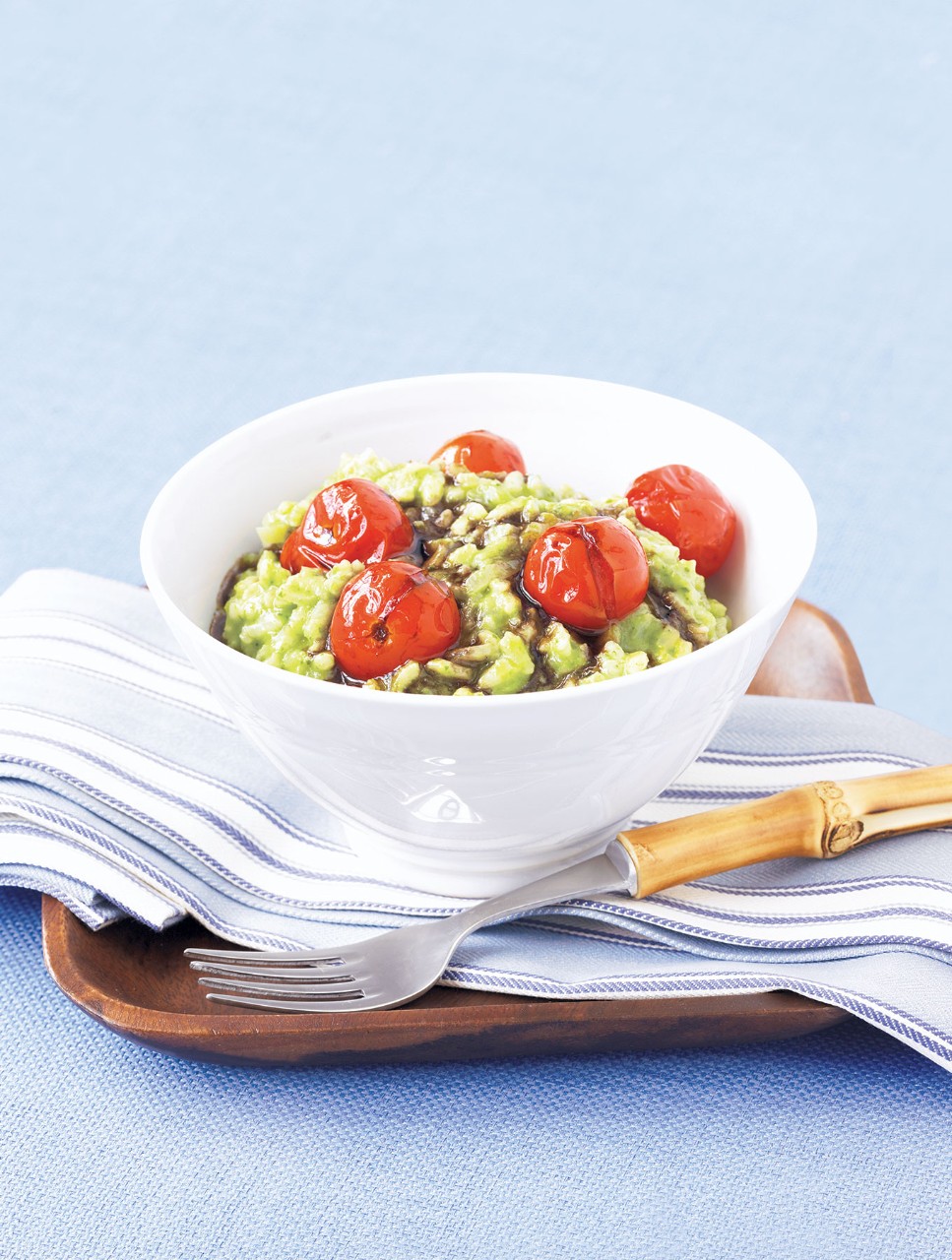 Wild Leek Risotto with Seared Cherry Tomatoes