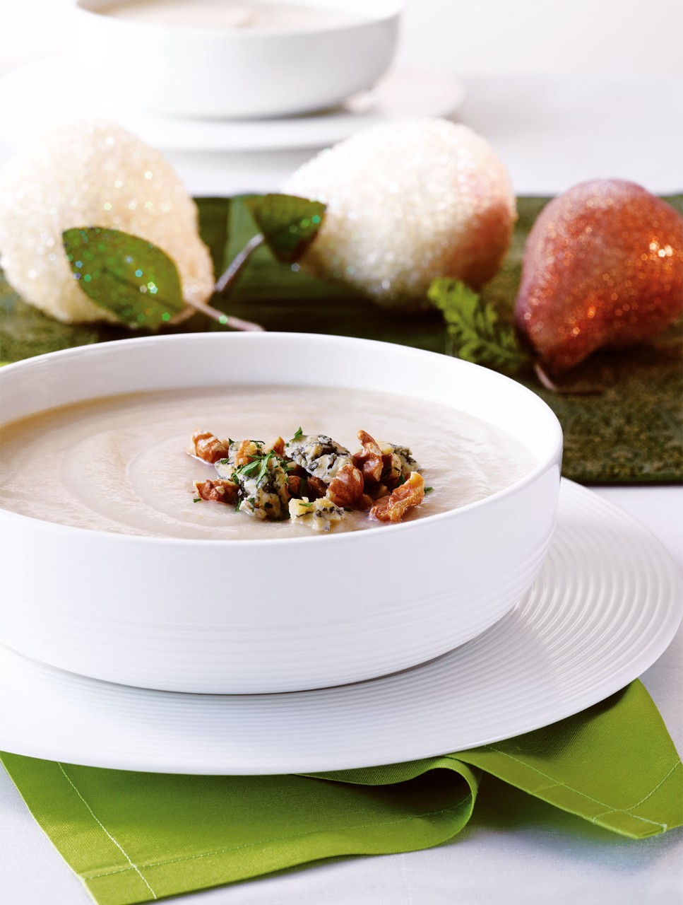 Celeriac and Pear Soup with Stilton and Walnuts
