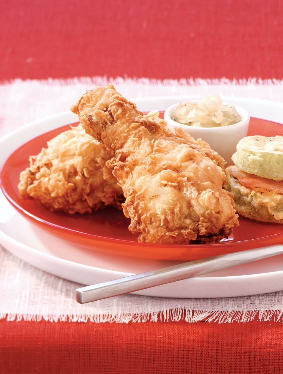 Fiery Fried Chicken with Fried Green Tomatoes and Vidalia Onion Relish