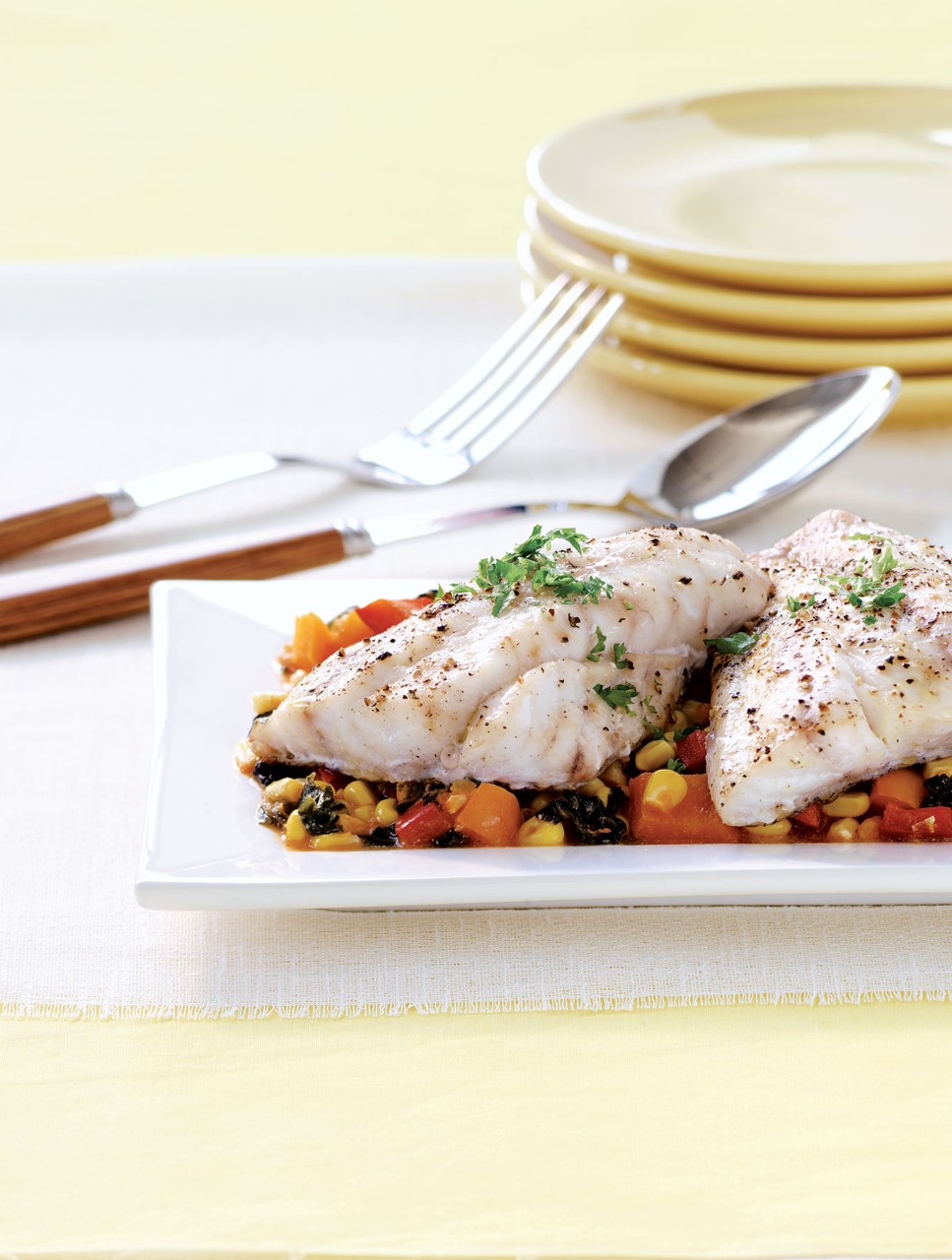 Grouper with Corn, Peppers, Cream and Spices