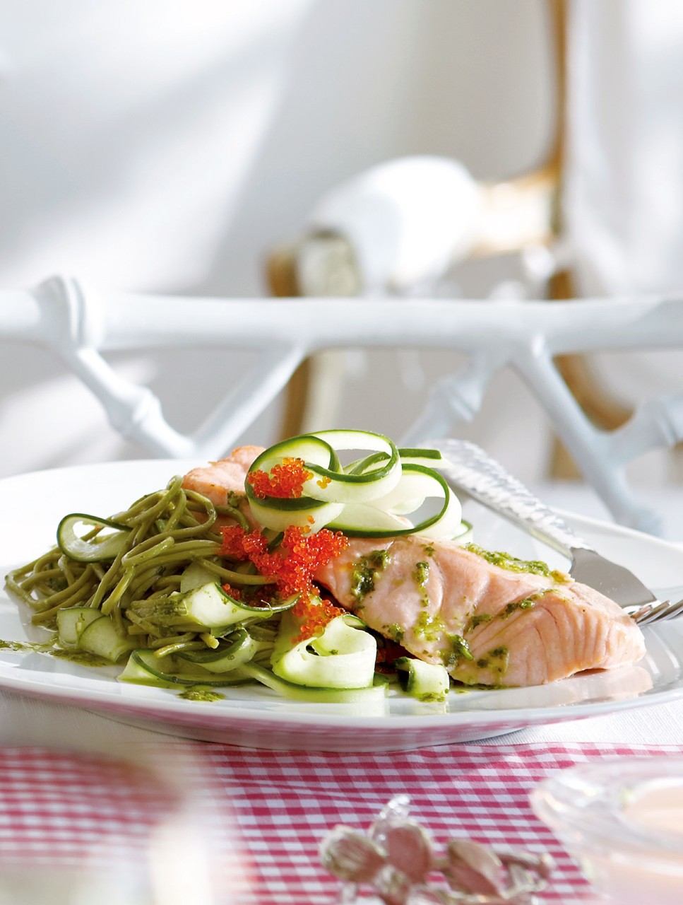 Poached Salmon with Green Tea Soba Noodle and Cucumber Salad