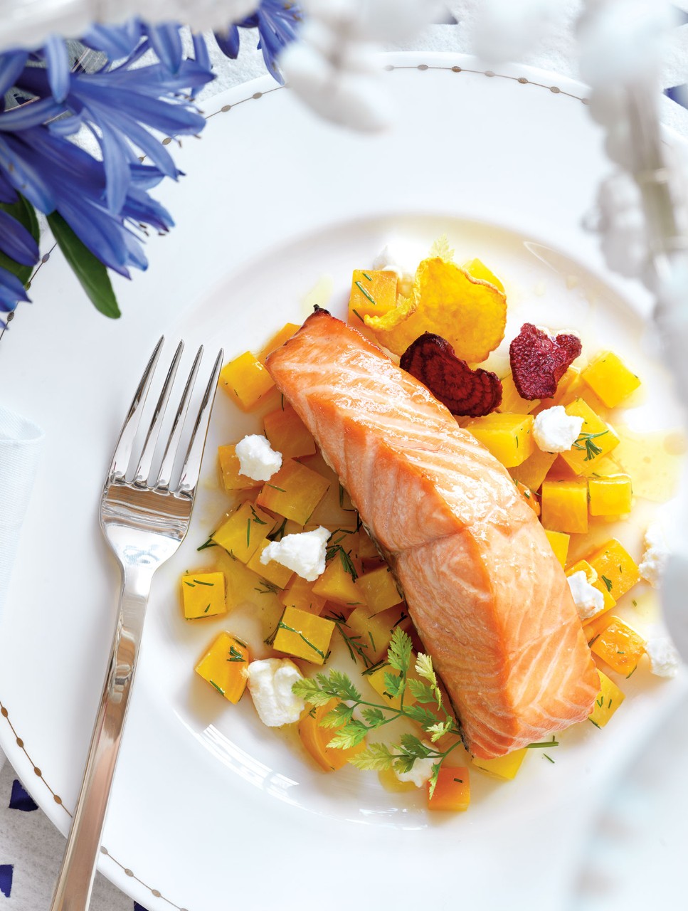 Maple Roasted Salmon with Winter Beets, Ricotta and Dill