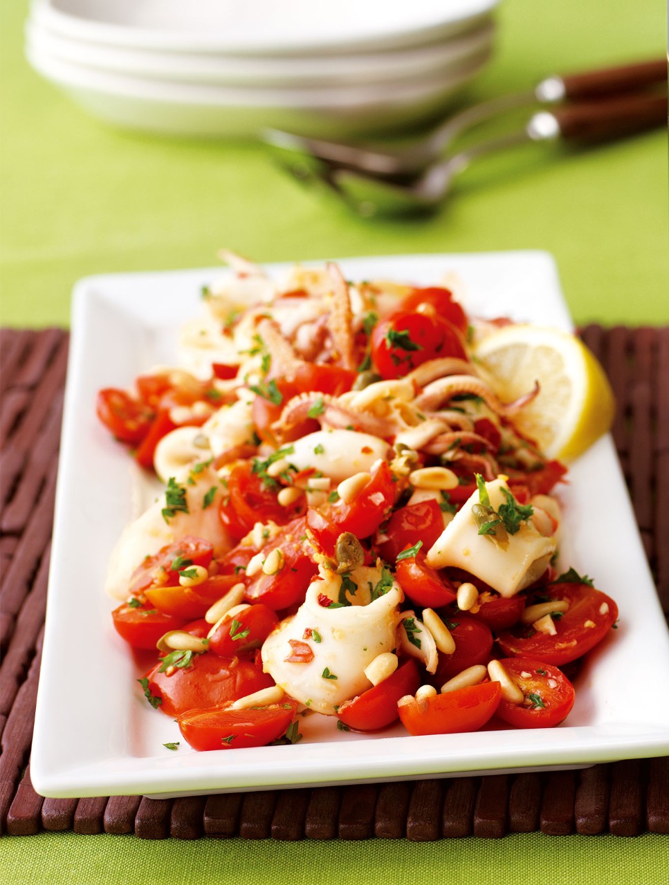 Pan-Seared Calamari with Tomatoes, Pine Nuts and Capers