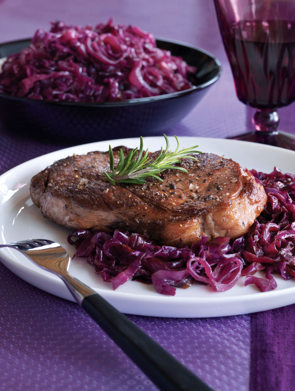 Sear-Roasted Steaks with Caramelized Purple Cabbage & Onions