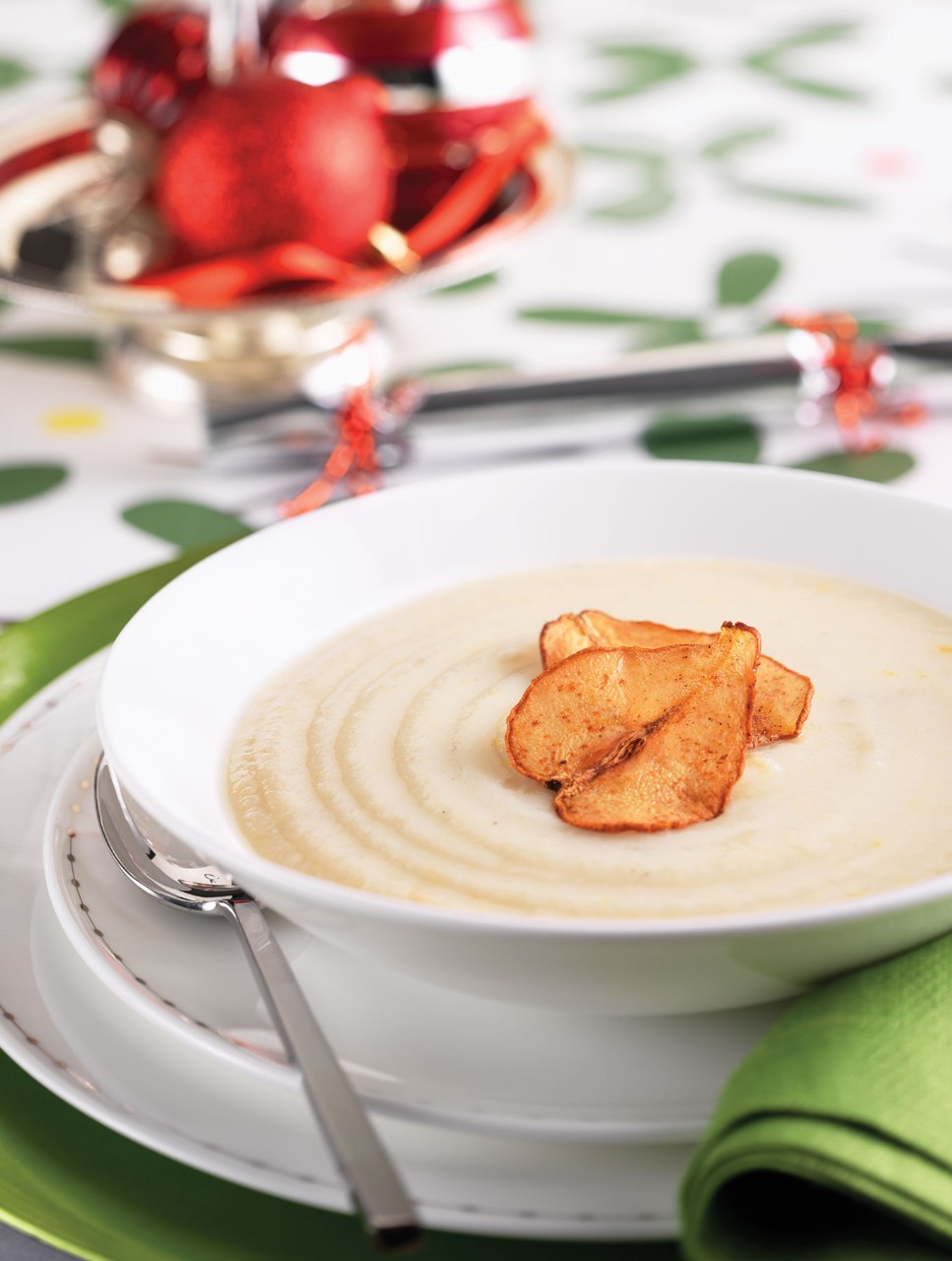 Cauliflower Soup with Spiced Pear Chips