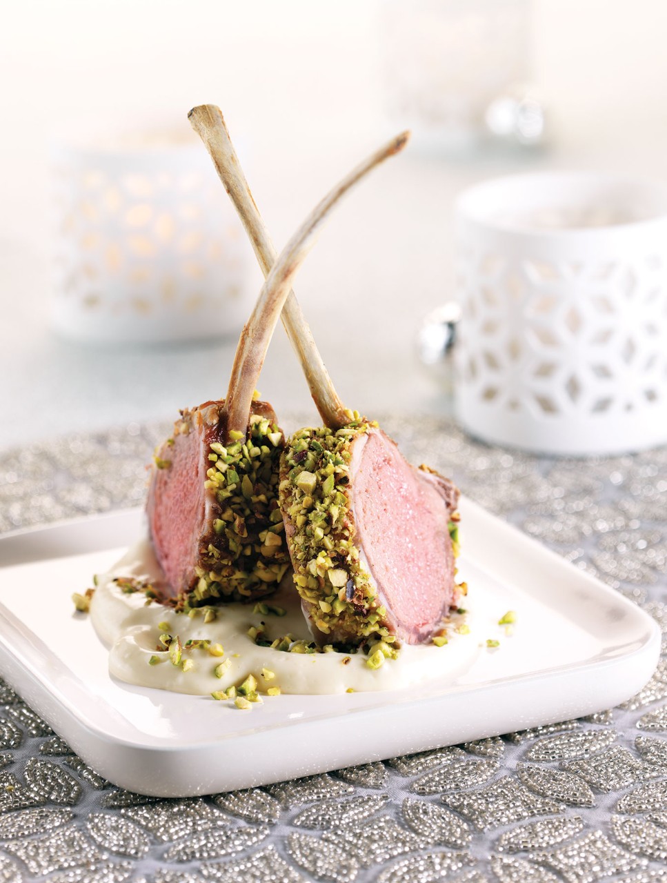 Moroccan-Spiced Lamb Lollipops with Pistachios and Garlicky Dip