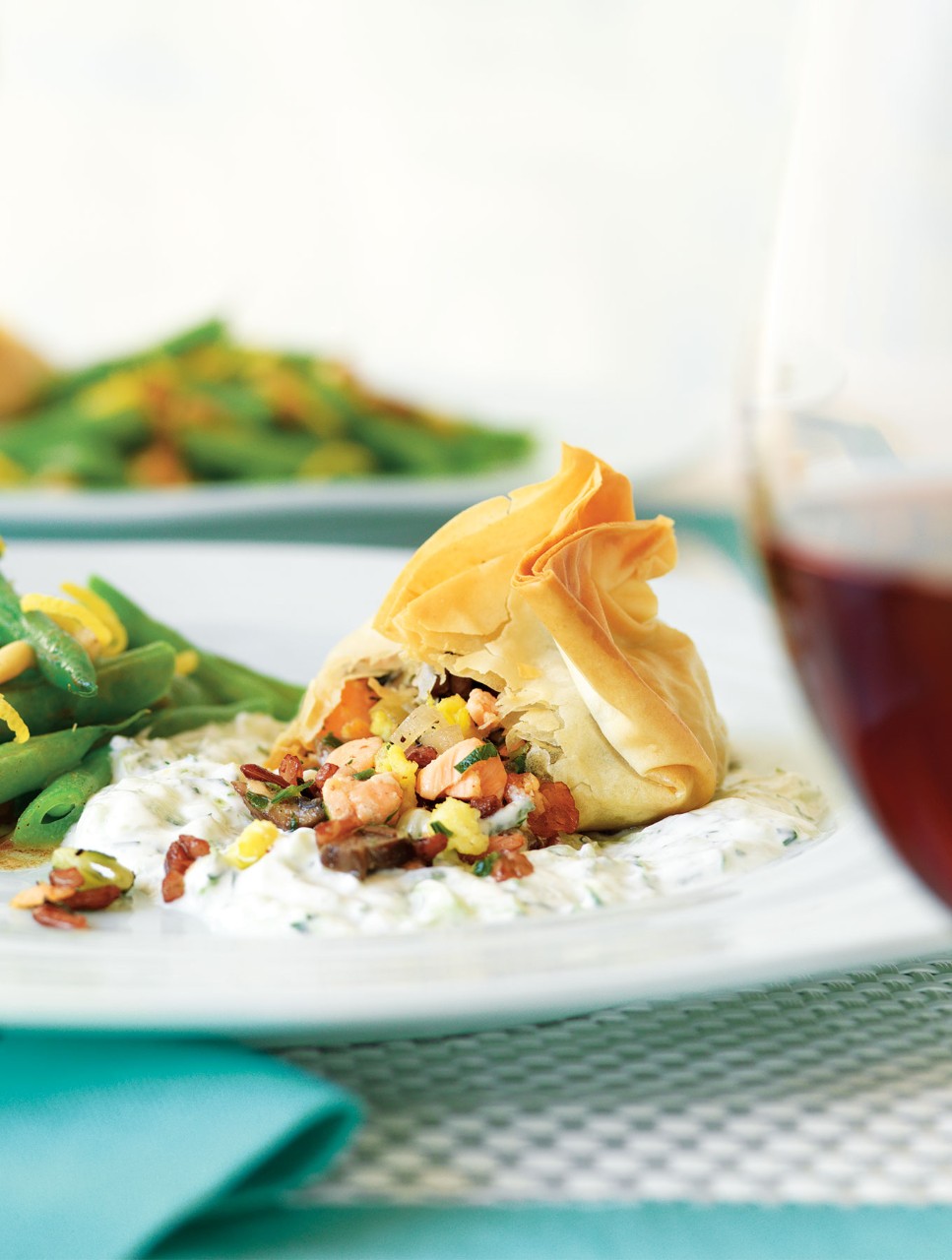 Coulibiac in Phyllo with Dilled Cucumber Relish