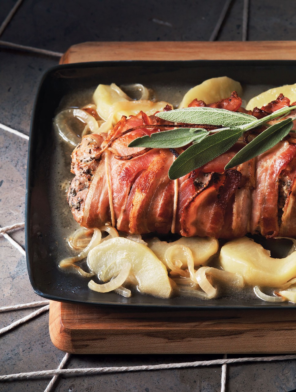 Bacon-Wrapped Pork Loin with Apples & Sage
