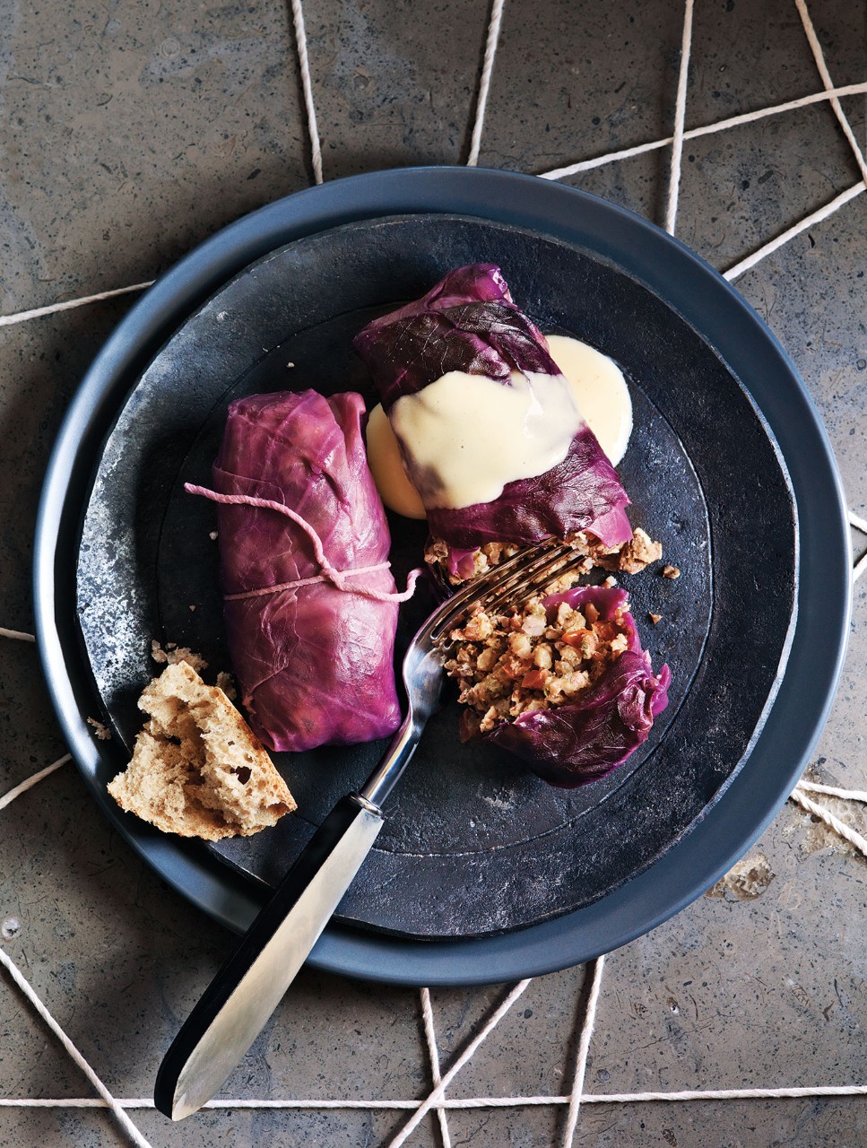 Wehani & Barley Red Cabbage Rolls with Cheddar Sauce