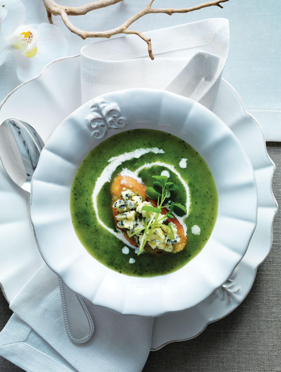 Pear and Watercress Soup with Stilton Crouton
