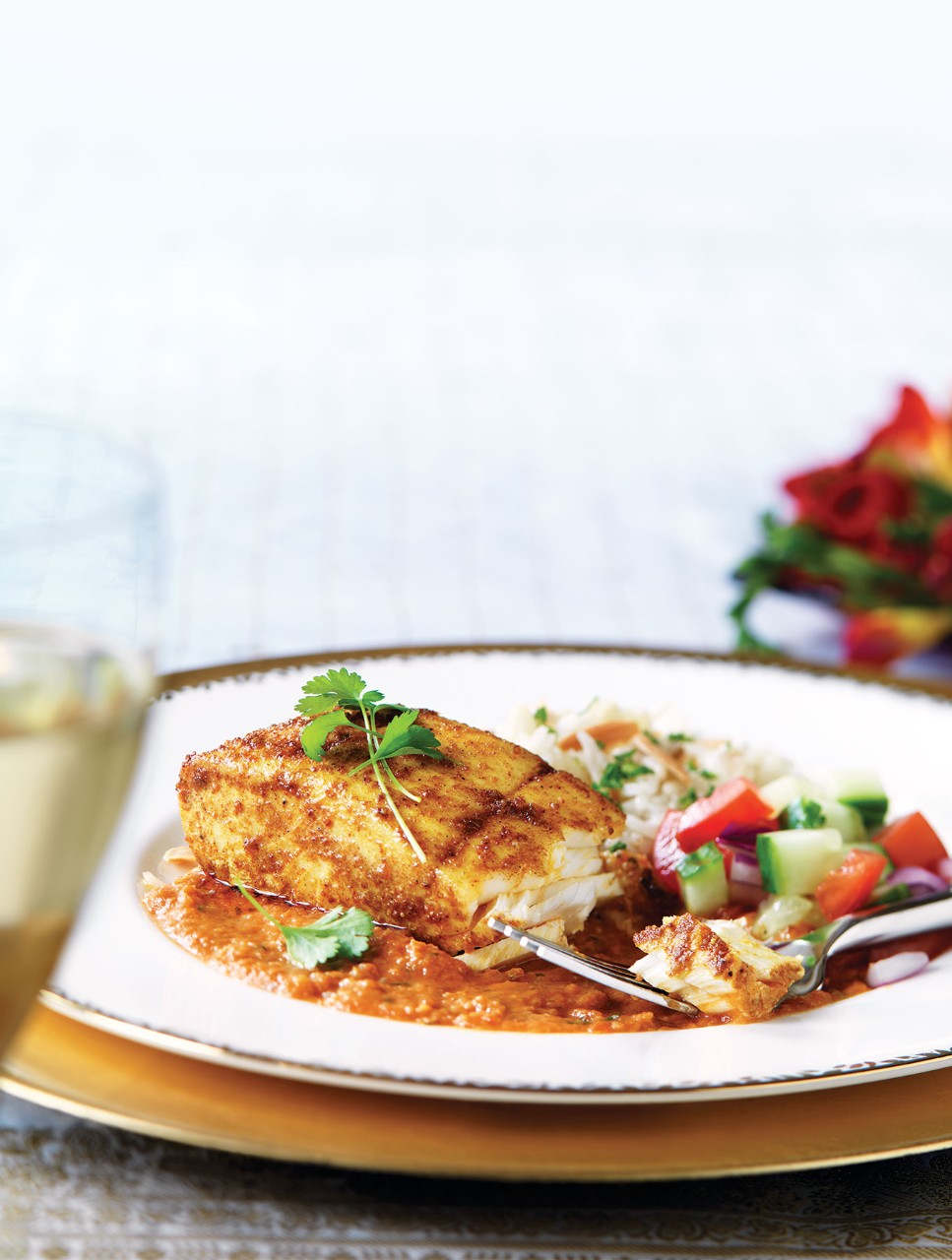 Roasted Halibut with Tomato Curry Sauce and Cauliflower Rice Pilaf