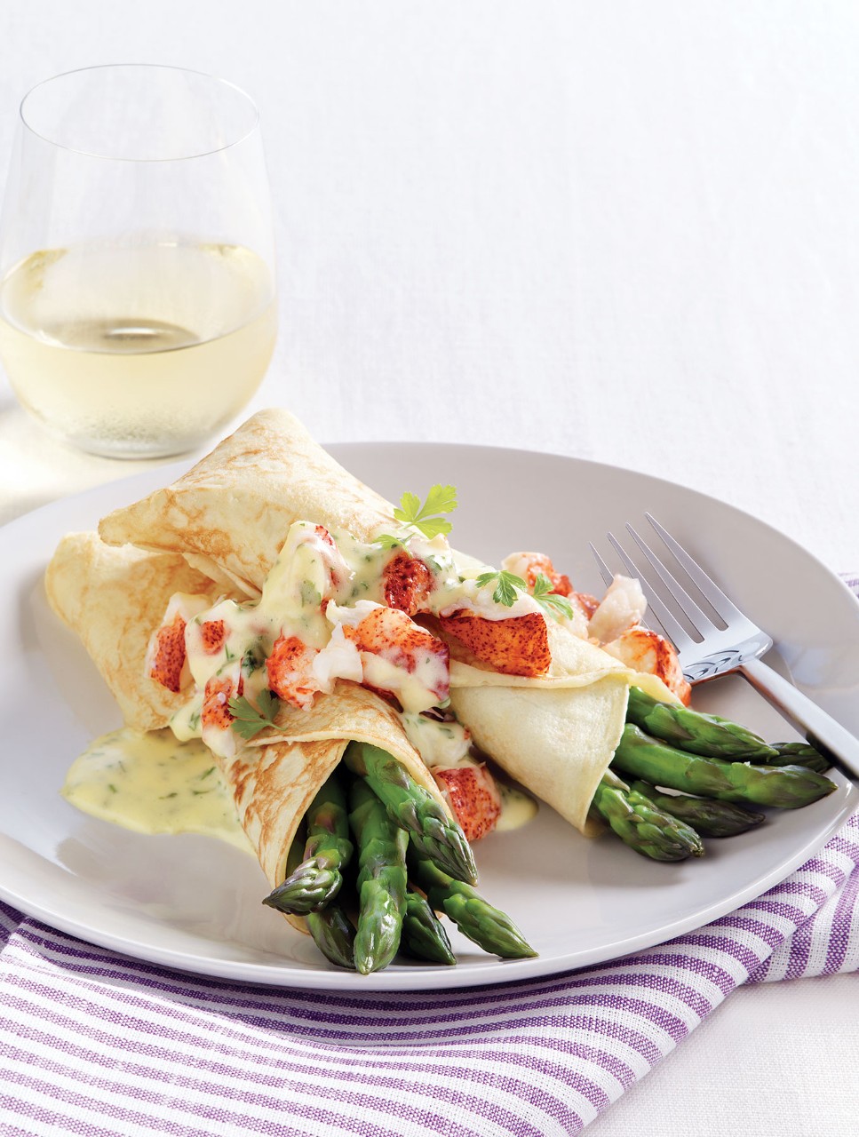Asparagus & Lobster Crepes with Fines Herbes Hollandaise Sauce