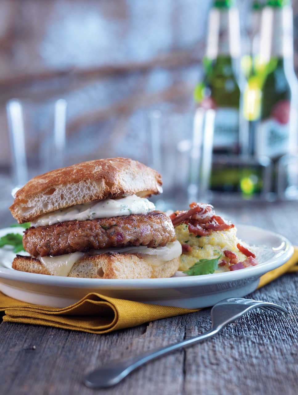 Rosemary Veal Burgers with Sun-Dried Tomatoes, Roasted Garlic Sauce & Polenta with Pancetta