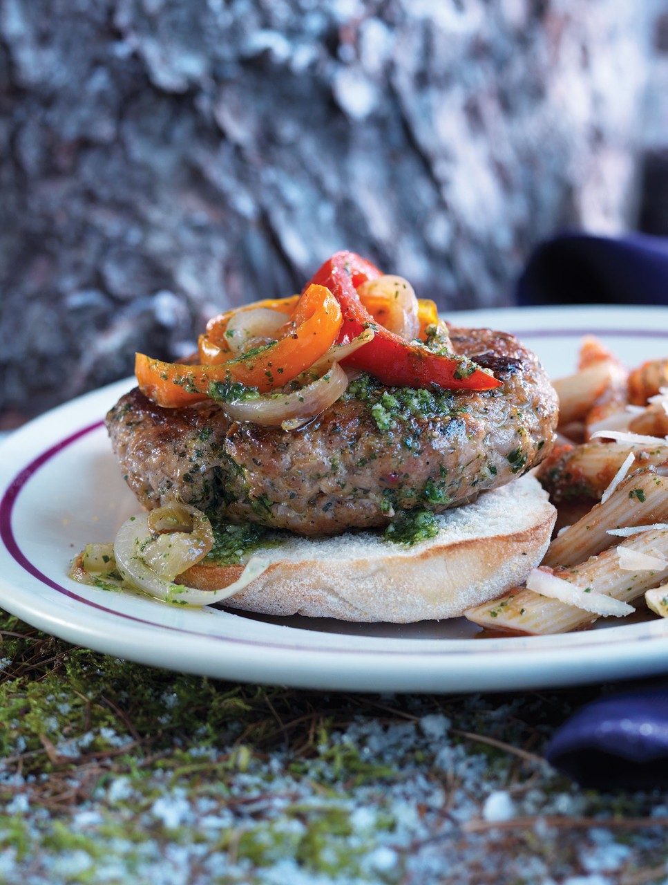 Italian Sausage Burgers with Peppers, Pesto & Penne