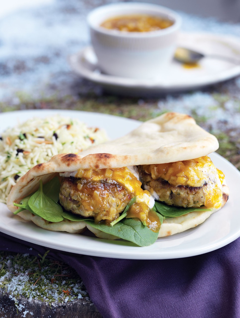 Curry Chicken Burgers with Apple Chutney & Spiced Basmati Almond Pilaf