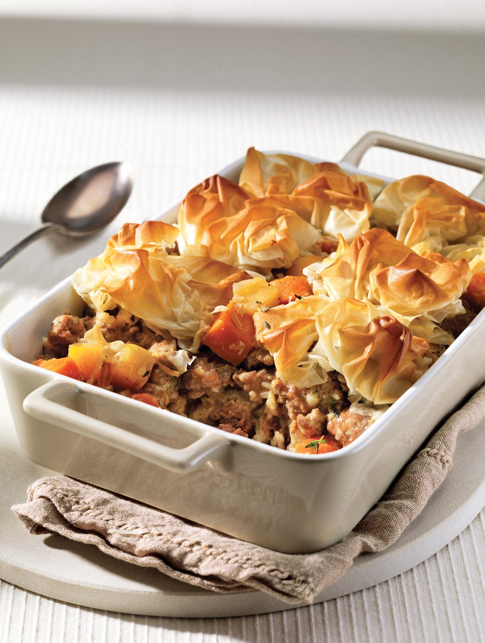 Cider-Braised Sausage Pie with Scrunched Phyllo Crust
