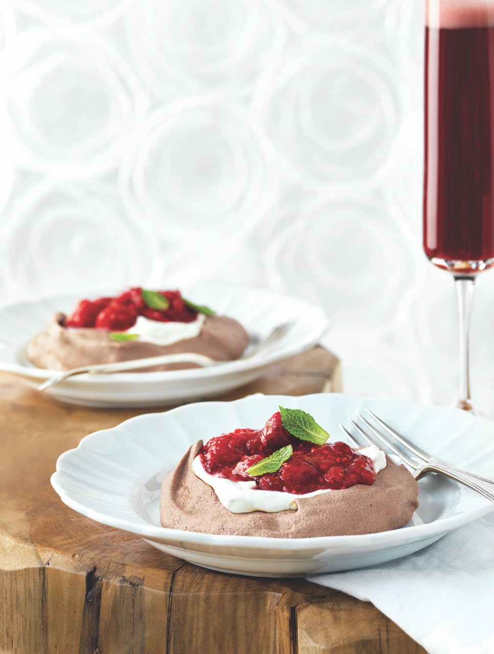 Chocolate Pavlovas with Crème Fraîche & Raspberry Compote