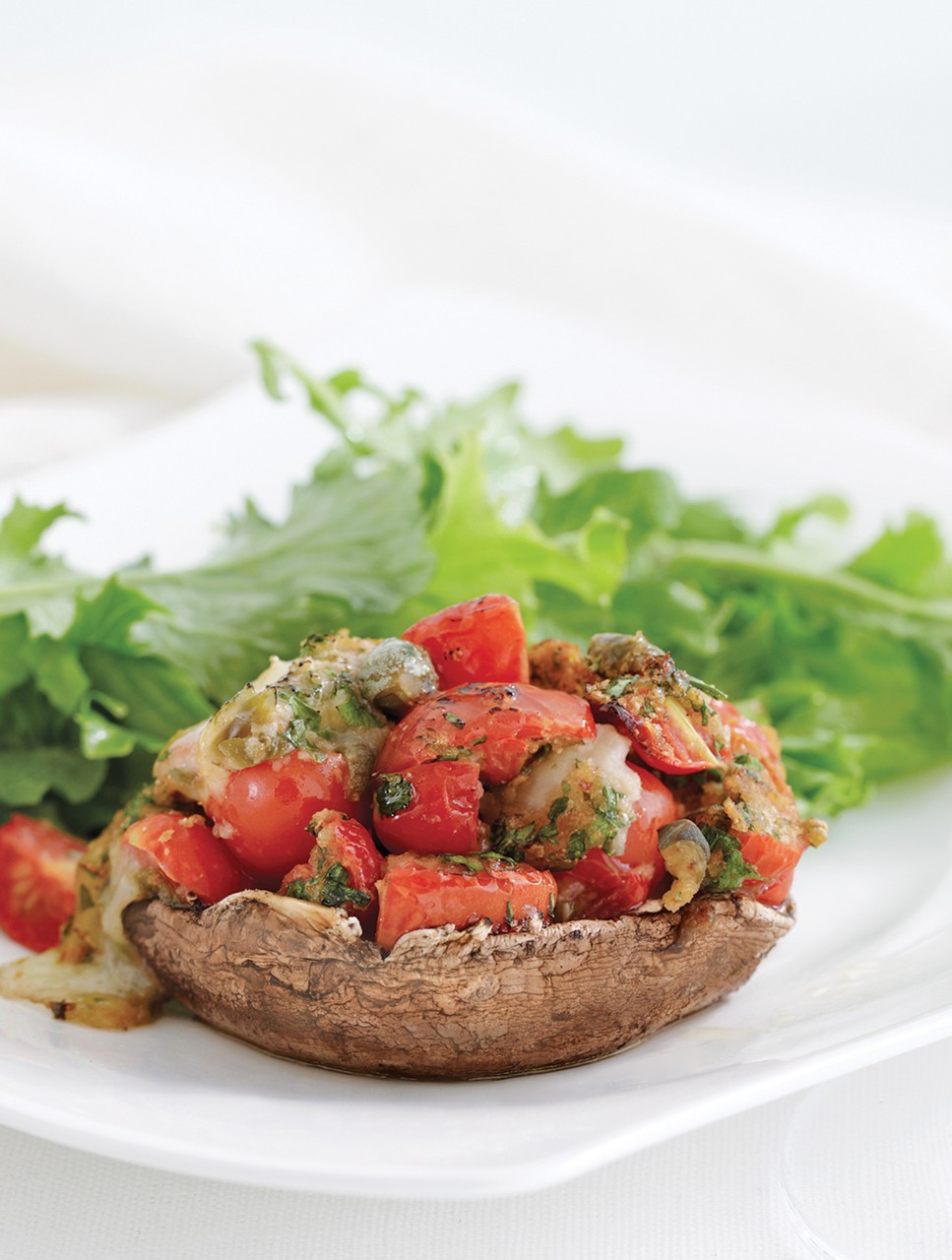 Tomato & Bocconcini-Stuffed Mushrooms with Mixed Greens