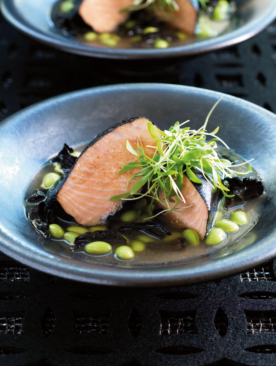 Nori-wrapped Salmon with Black Trumpet Mushrooms & Soy Beans in Miso Broth