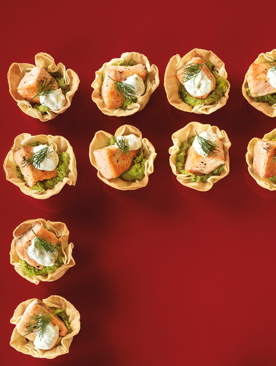 Baked Salmon in Phyllo Cups with Garlic Pea Purée & Dilled Cream