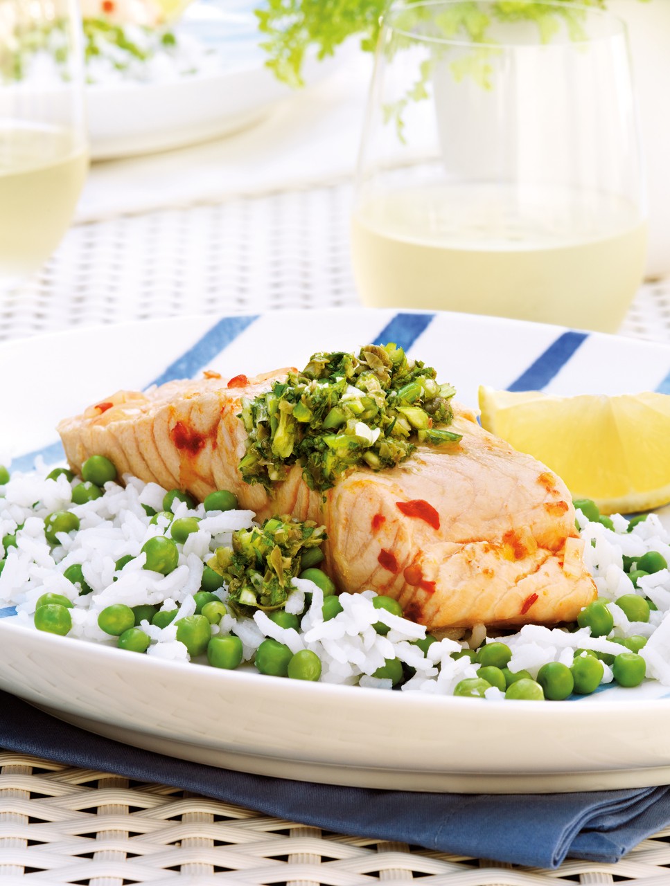 Spicy Poached Salmon with Garlic Scape Salsa