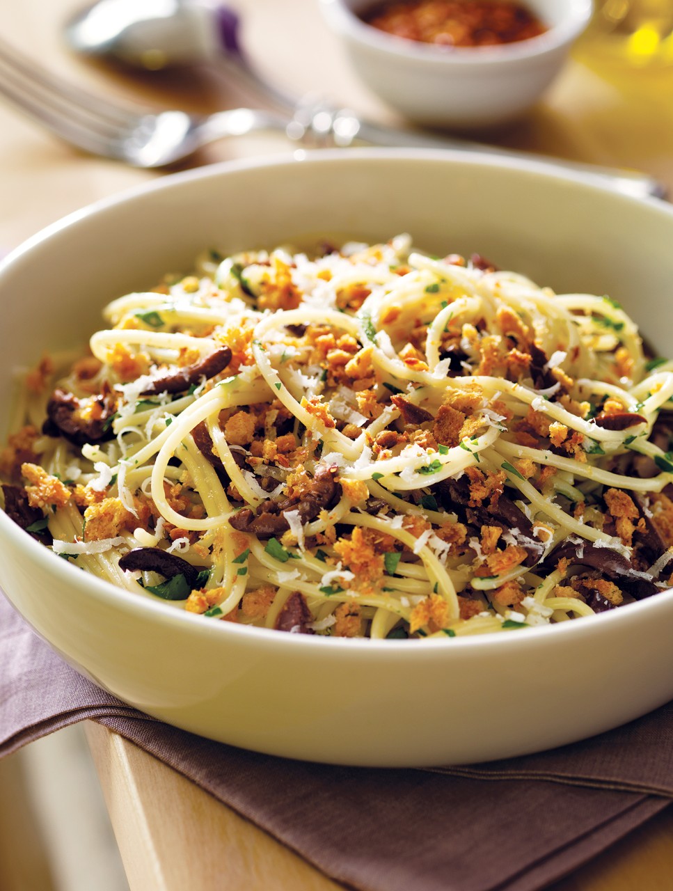 Capellini with Olives & Crispy Crumbs
