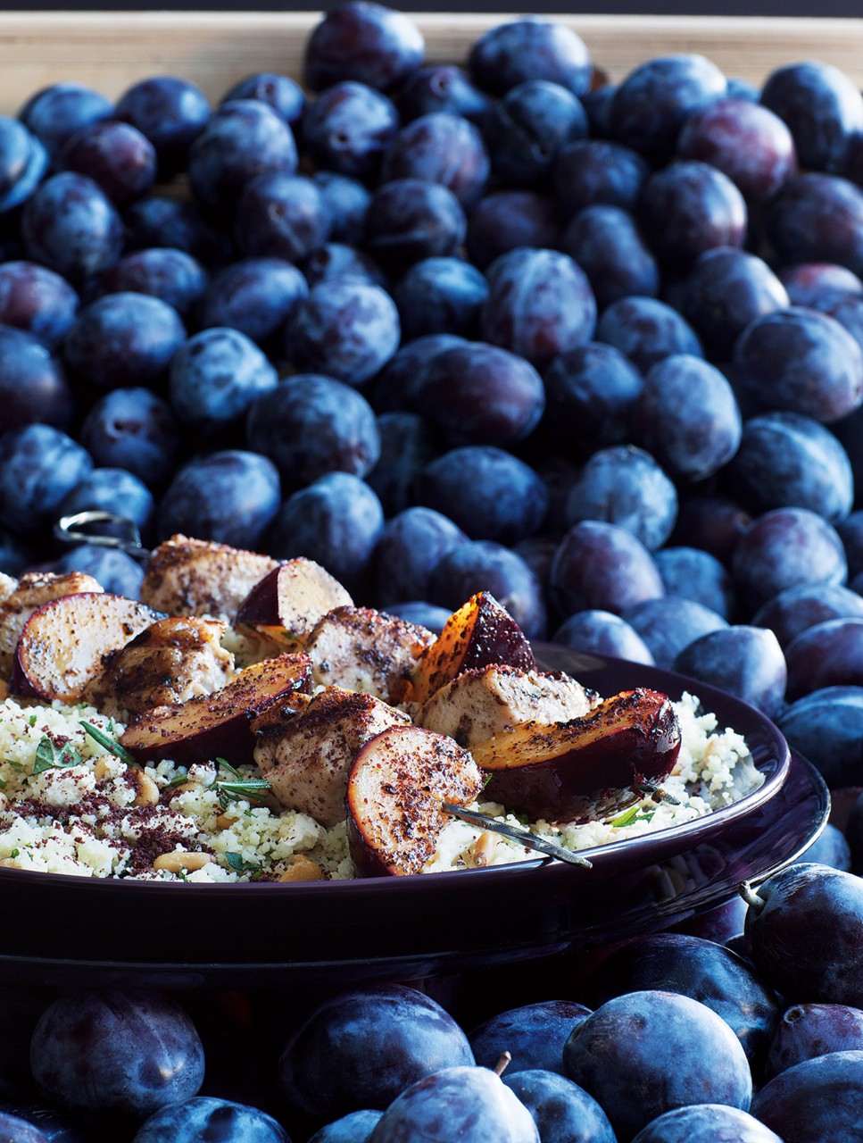 Plum-Chicken Sumac Skewers with Herbed-Pine-Nut Couscous