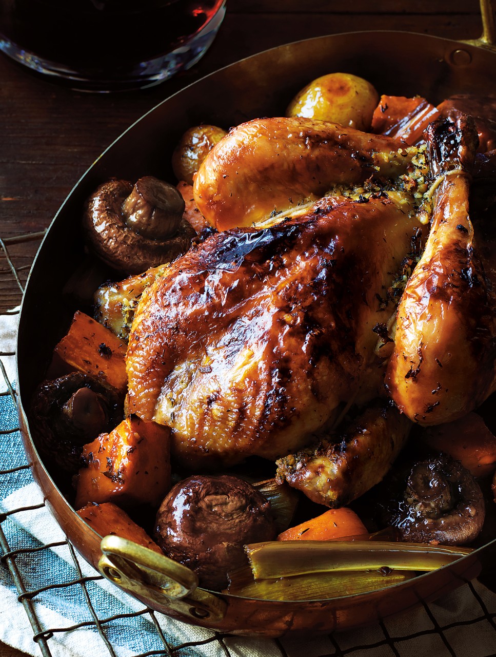 Cider & Maple-Glazed Chantecler Chicken with Roasted Leeks, Sweet & Baby Potatoes & Mushrooms