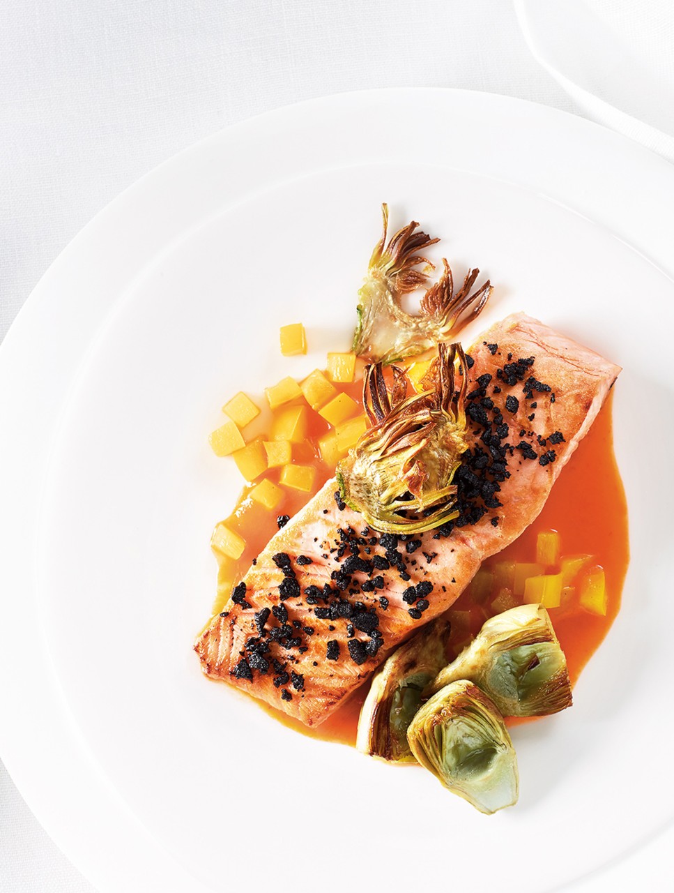 Cured Salmon with Sweet & Sour Pepper Sauce, Artichokes & Black-Olive Crumb