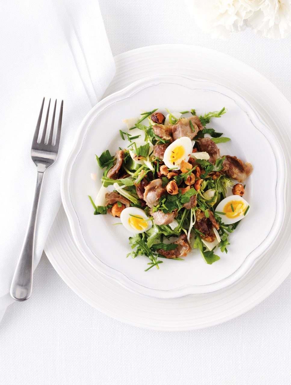 Confit of Chicken Gizzards with Greens and Soft-Boiled Eggs