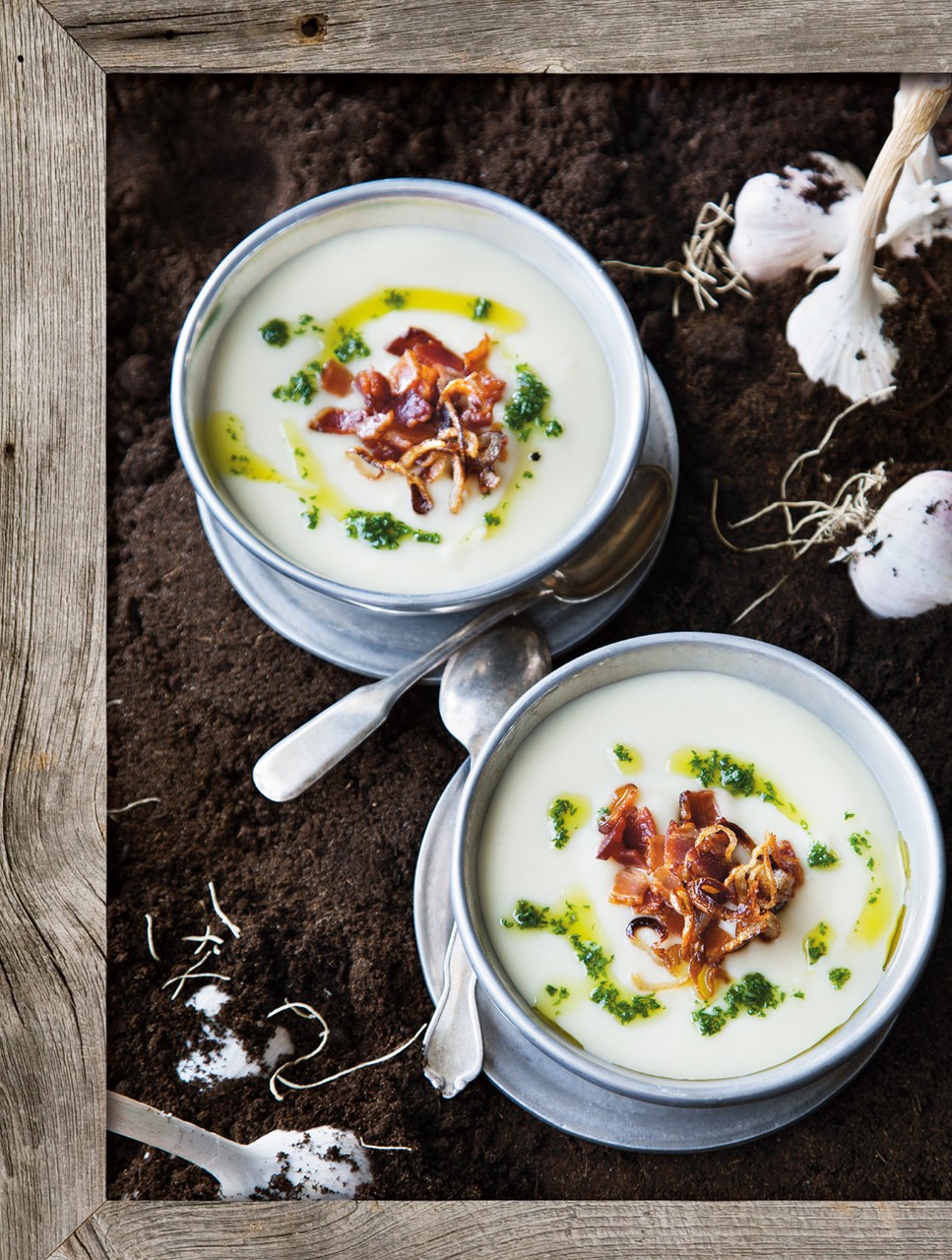 Garlic Potato Soup with Parsley Oil, Frizzled Shallots & Bacon