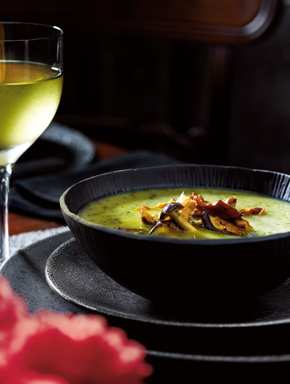 Kale & Chestnut Soup with Wild Mushrooms