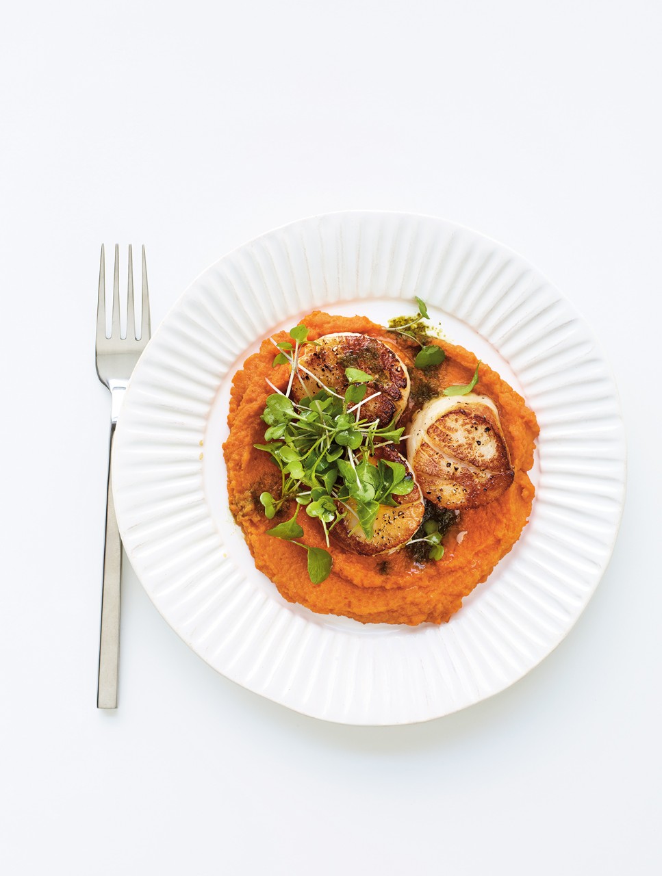 Pan-Seared Scallops with Vermouth-Poached Creamy Heirloom Carrot Purée & Microgreens