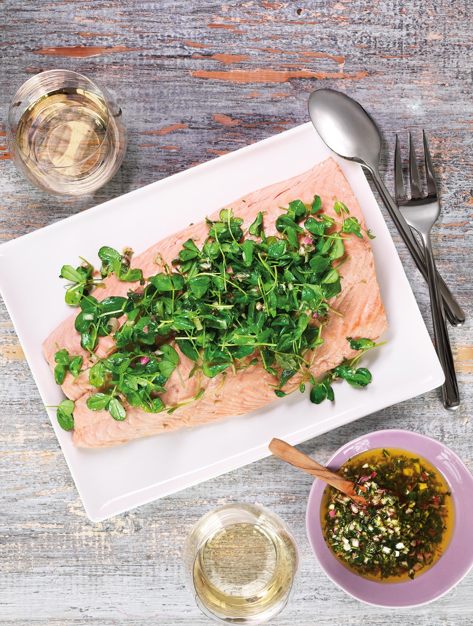 Poached Side of Salmon with Pea-Sprout Vinaigrette