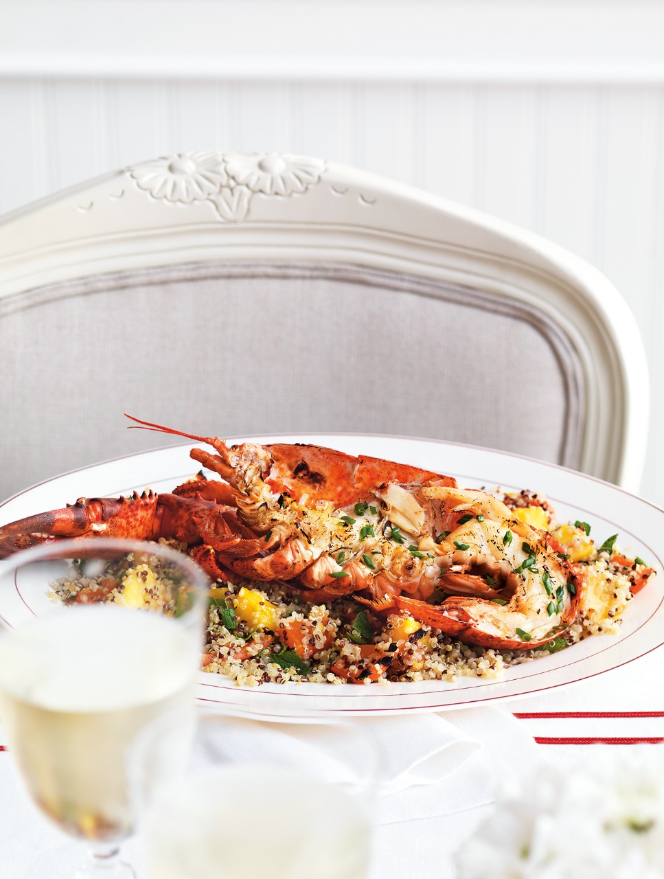 Grilled Buttery Lobster on Quinoa with Peaches & Peppers