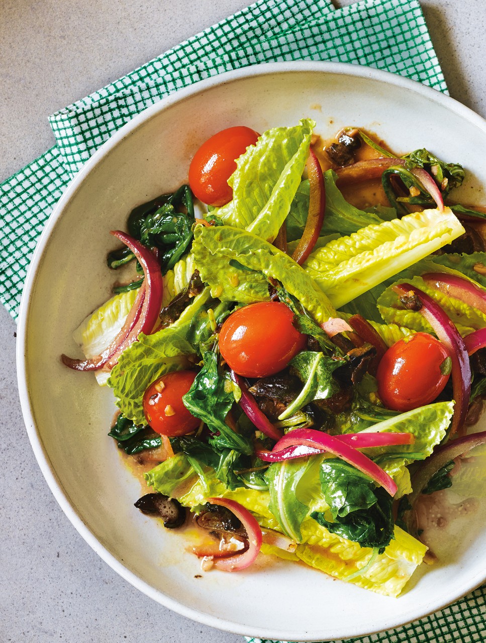 Warm Arugula, Olive & Tomato Salad
