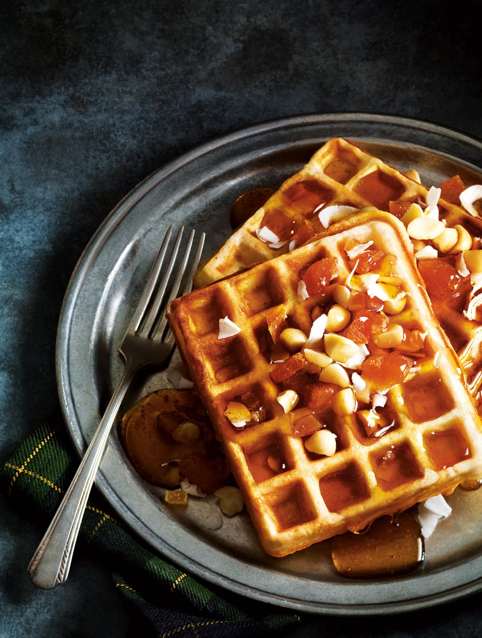 Maple Syrup, Macadamia Nut & Apricot-Topped Waffles