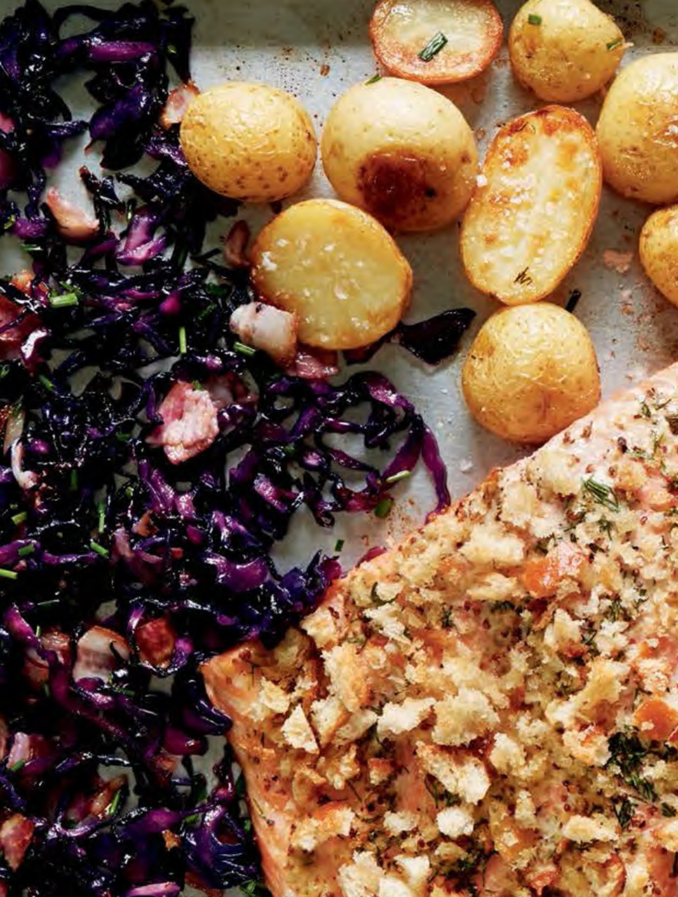 Mustard-Crumbed Salmon with Sweet & Sour Cabbage & Roast Potatoes