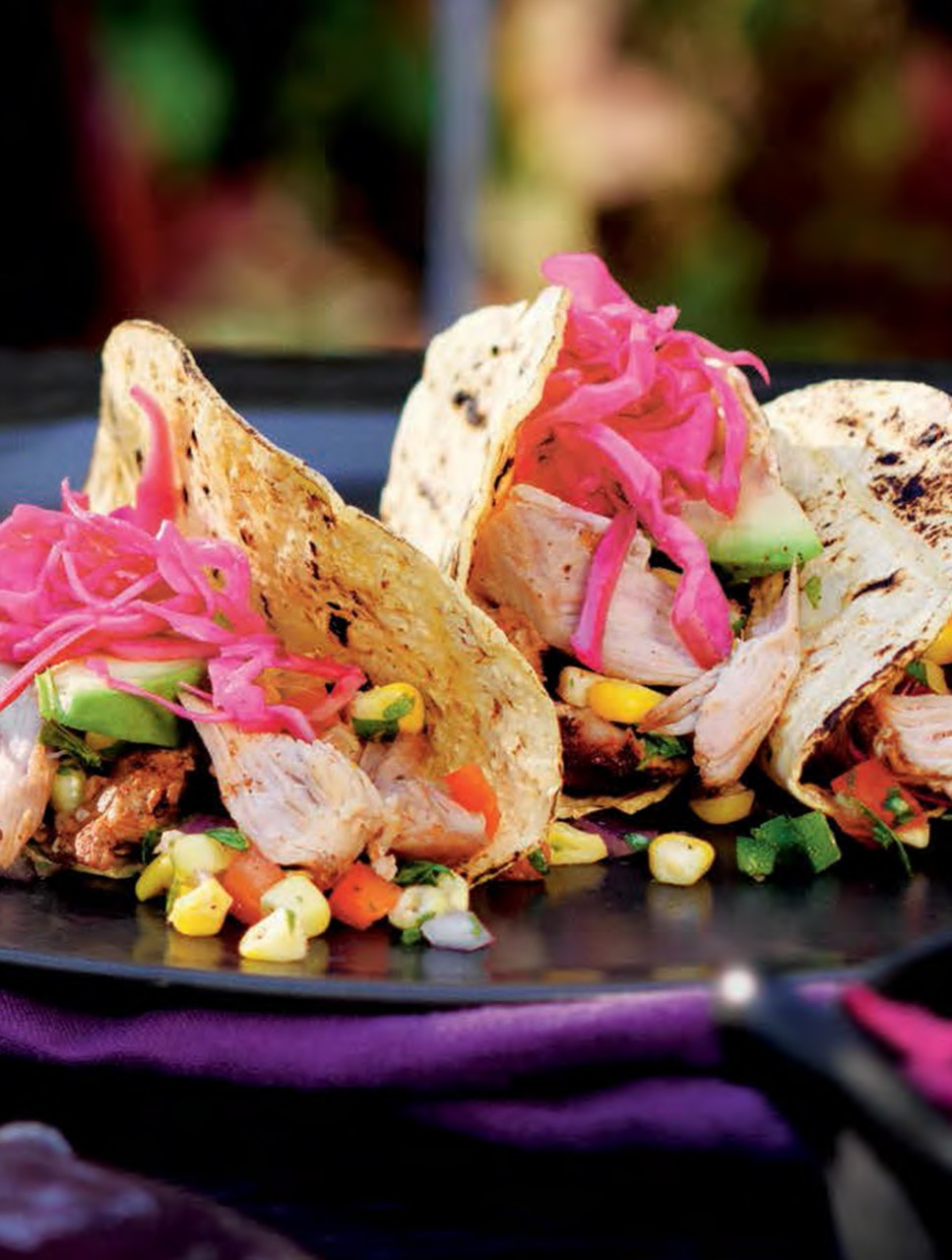 Turkey Tacos with Corn Salsa and Pickled Red Cabbage